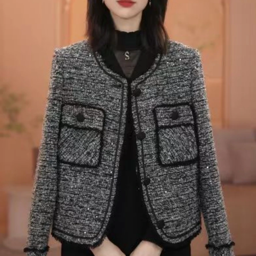 法式小香风外套女2025早春新款显瘦时尚百搭格子短外套中年上衣女