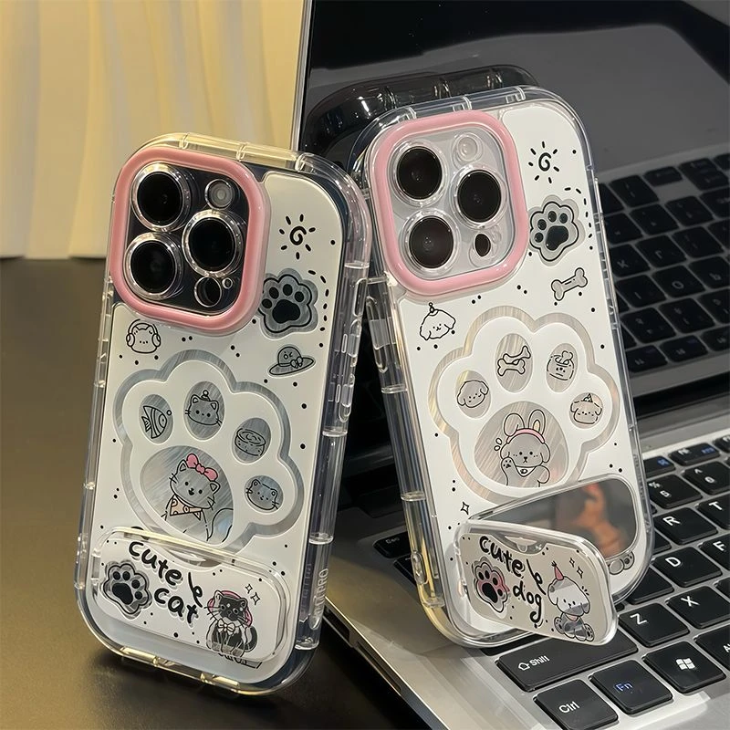 iPhone13适用情侣猫狗爪16手机壳15ProMax带镜子支架s30pro苹果14