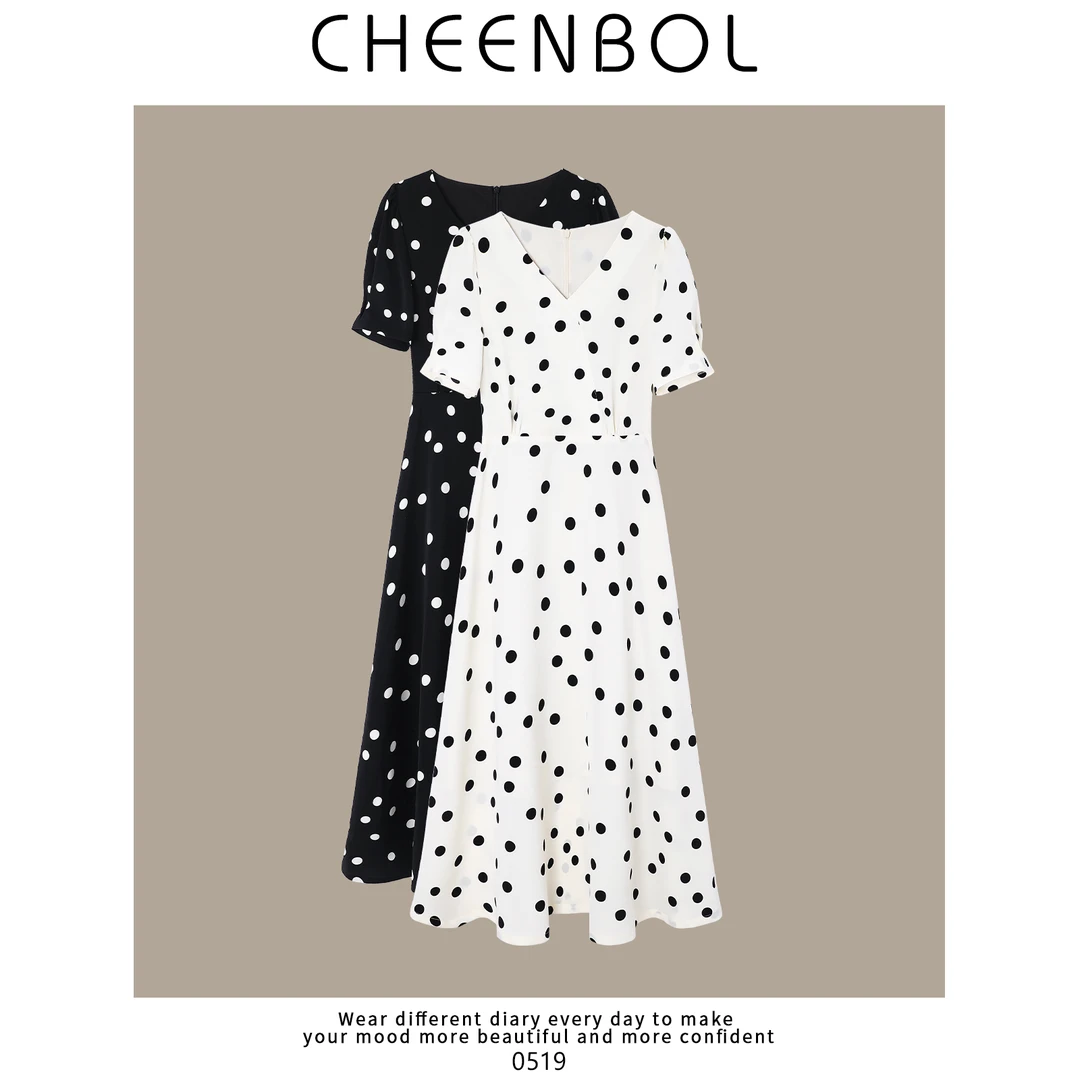 0519波点裙夏季新款V领高腰中长裙时尚显瘦百搭A字裙高级感连衣裙