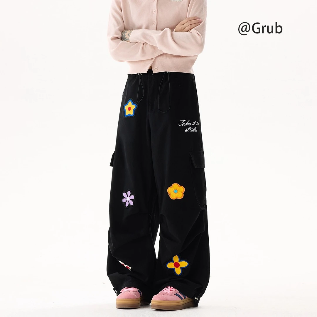 美式花朵刺绣休闲裤男女秋潮牌多口袋工装裤子复古新款潮牌女装