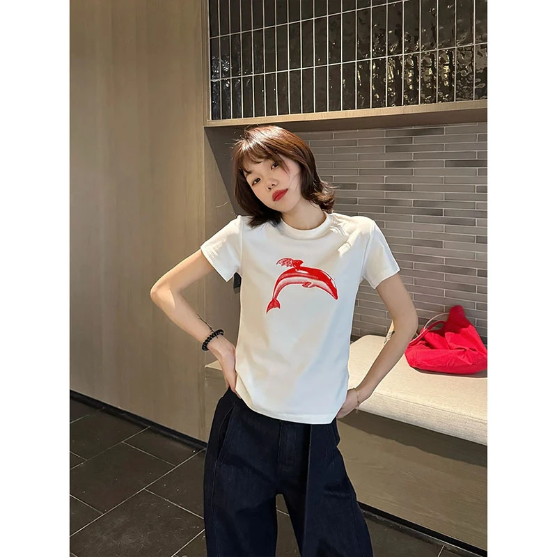 美式修身印花打底短袖T恤女夏季2025年新款纯欲辣妹短款正肩上衣