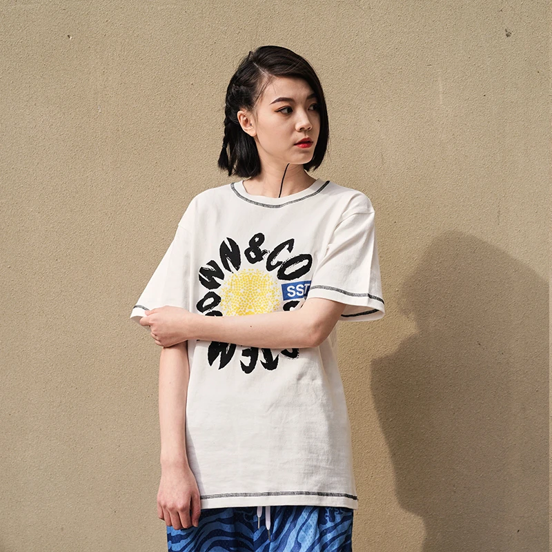 SSTD字母雏菊夏季新品美式街头潮嘻哈百搭宽松落肩短袖300克重