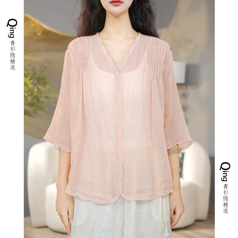 6614国风新中式苎麻V领衬衫亲肤透气百搭上衣女