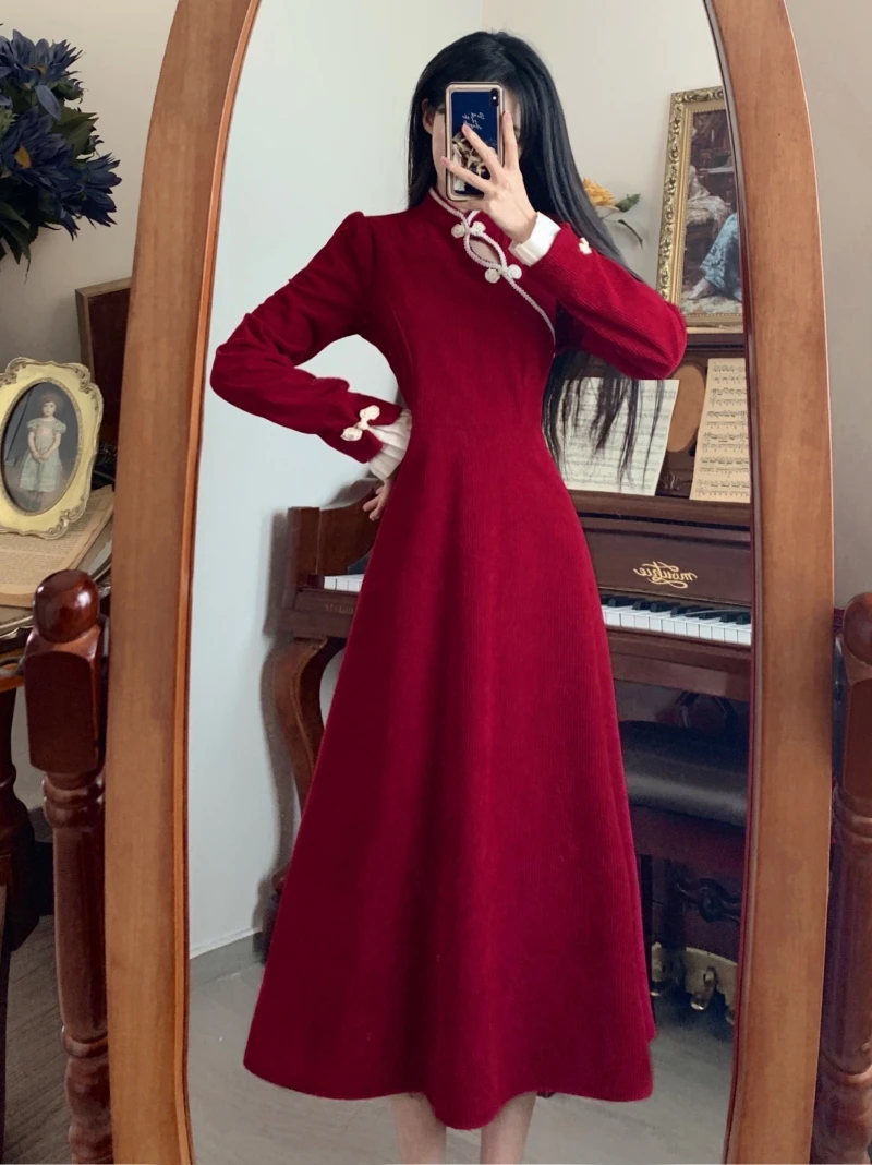 新中式简约轻奢时尚复古国风红色连衣裙女秋冬高级感优雅气质裙子
