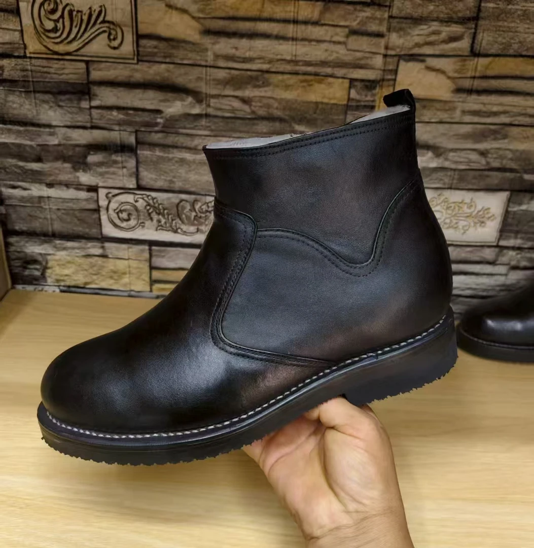 手工真牛皮中筒靴子冬季男款舒适舒适加绒加绒秋冬