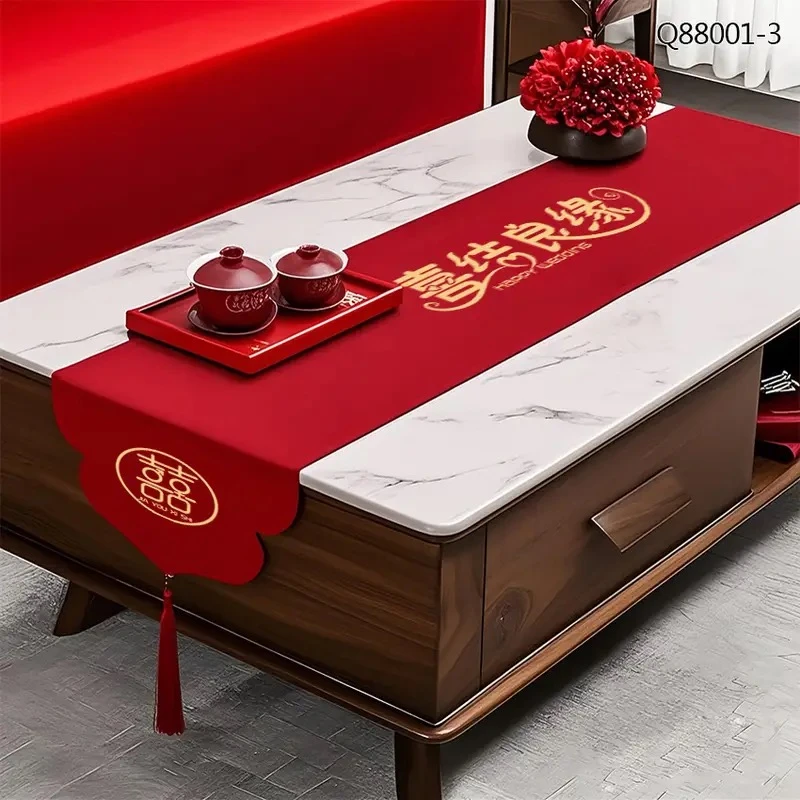 布置高档婚房桌旗中式红色印花茶几桌旗喜庆 结婚茶几盖布 场景