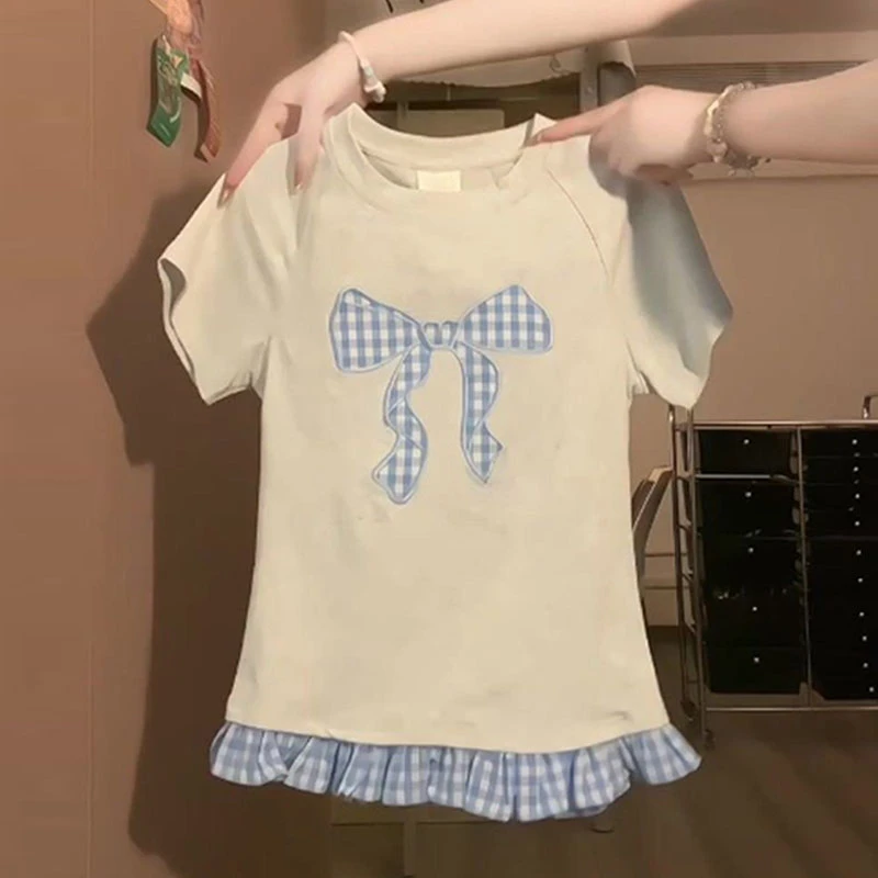 韩系复古蝴蝶结刺绣短袖t恤女夏季小个子修身格纹拼接假两件上衣