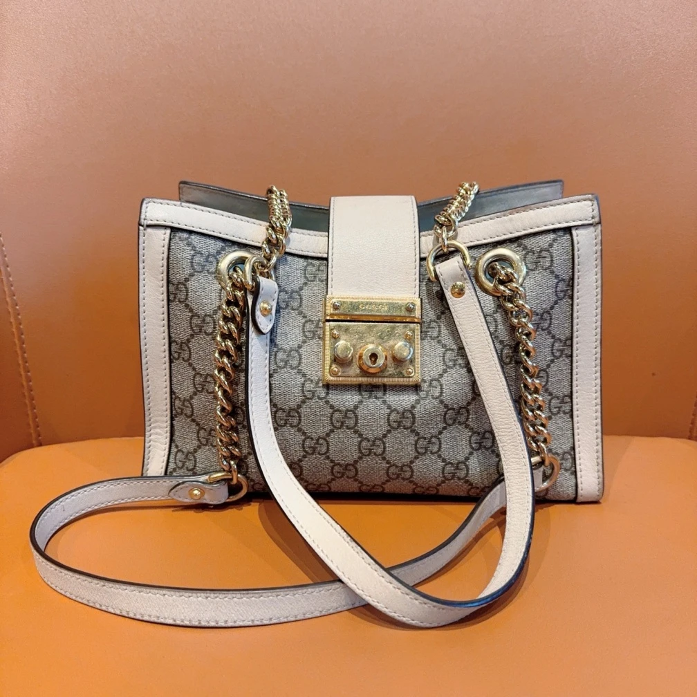 95新 GUCCI/古驰 Padlock系列白色老花手提包1422 7381