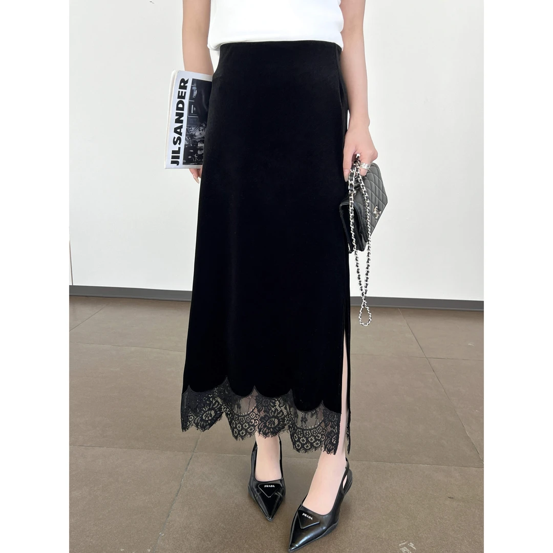 KIKI严选：292016-YER家欧货南油春季新款下摆蕾丝丝绒半身裙