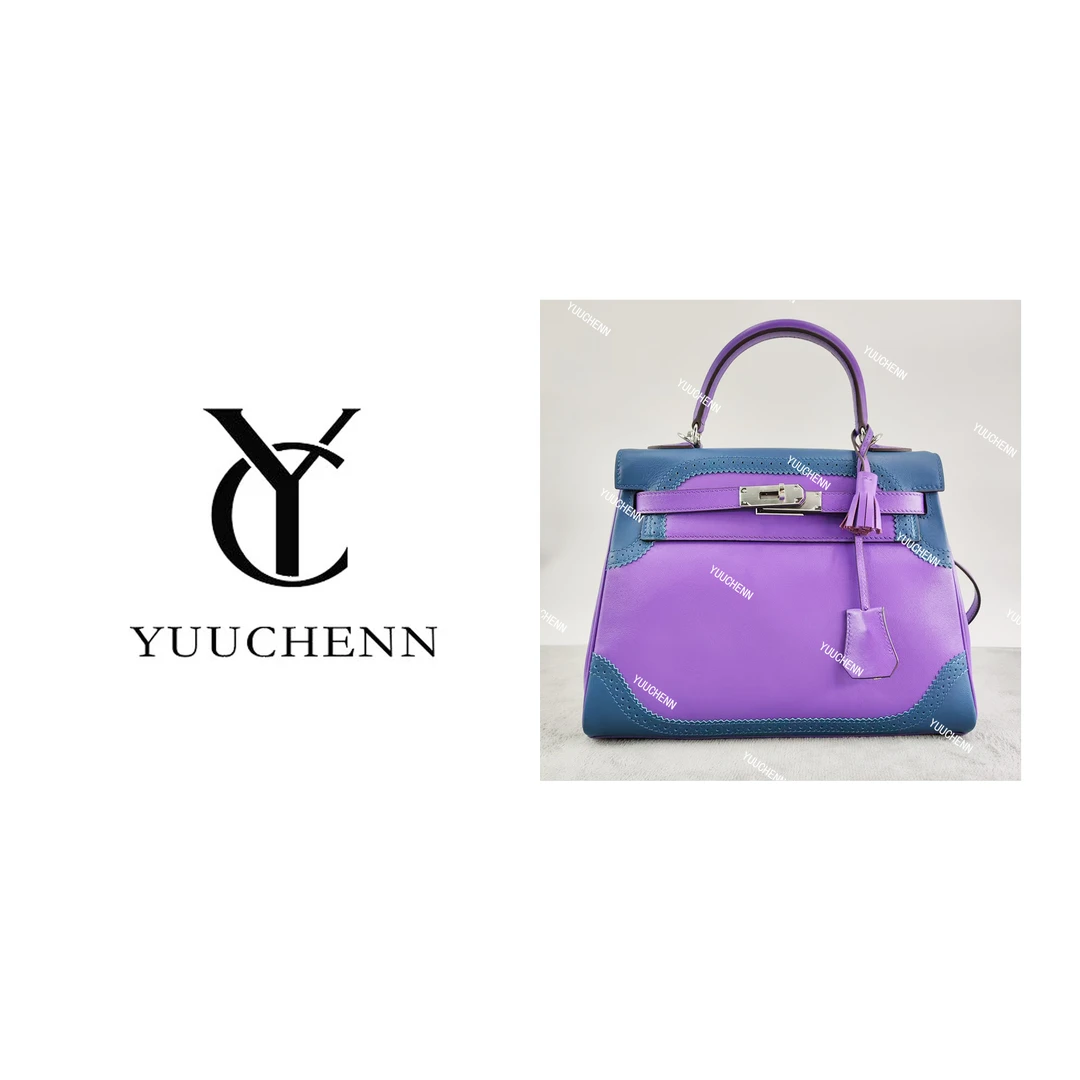 YUUCHENN【蕾丝kelly】包包进口牛皮32cm茑尾草紫拼蓝 HH5080