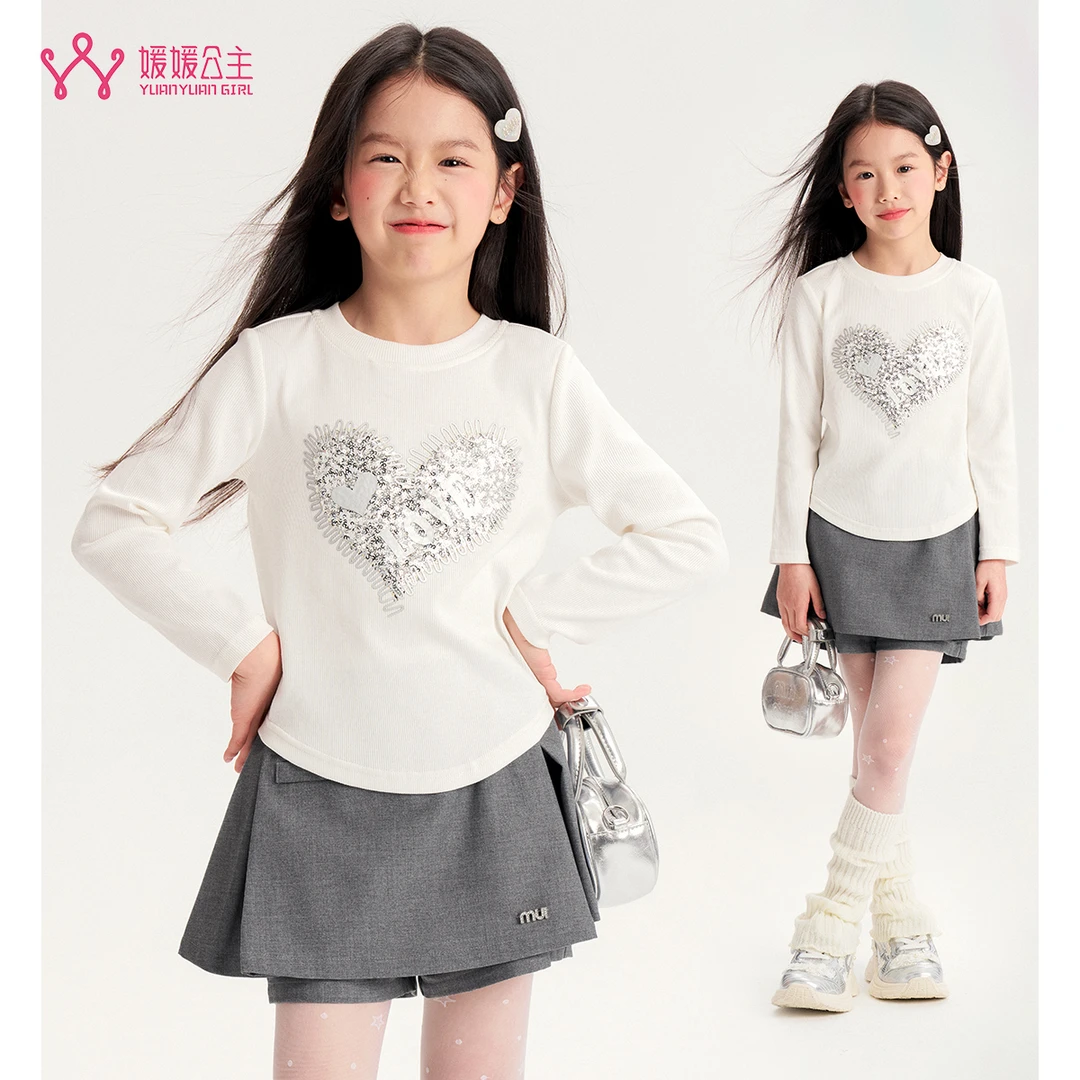 媛媛公主媛【璀璨之心】2025秋季女中大童休闲爱心亮片T恤15101A023