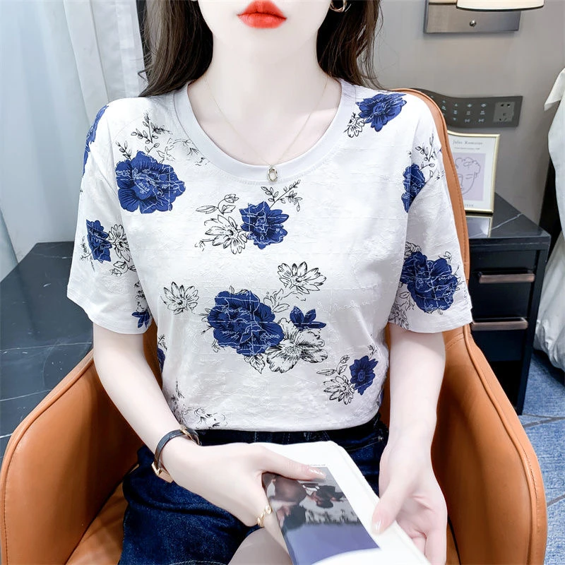 圆领短袖条纹t恤修身印花复古设计感宽松韩版大码显瘦T恤女士短袖