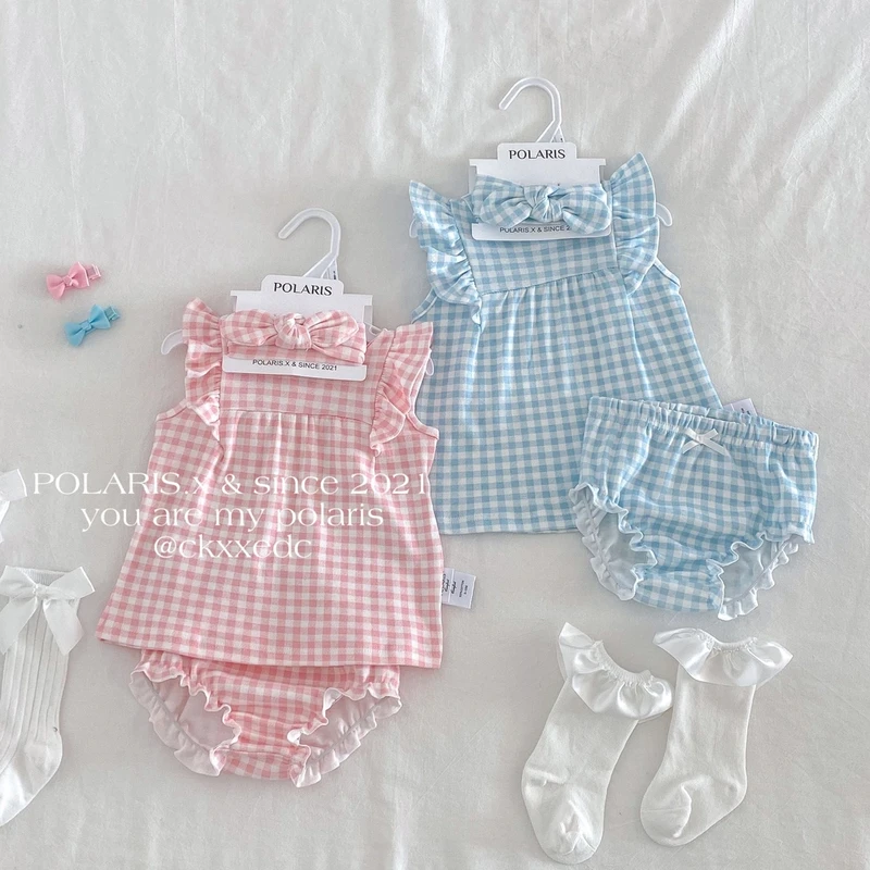 蓝粉格 |  夏季宝宝儿童套装公主花苞裙格子包屁衣女童婴儿无袖