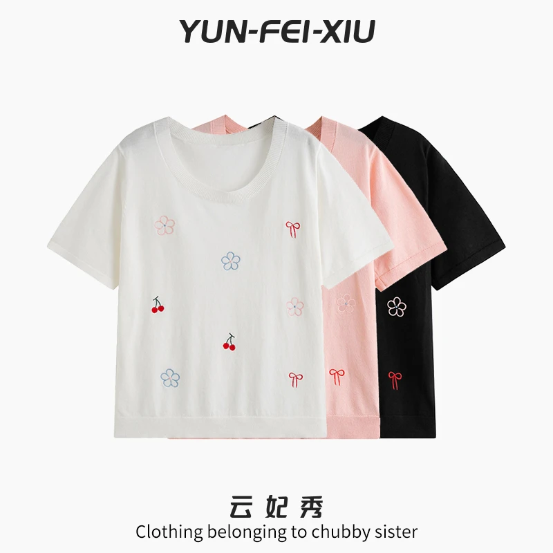 云妃秀大码女装T恤时尚圆领刺绣针织短袖上衣微胖显瘦减龄夏22960