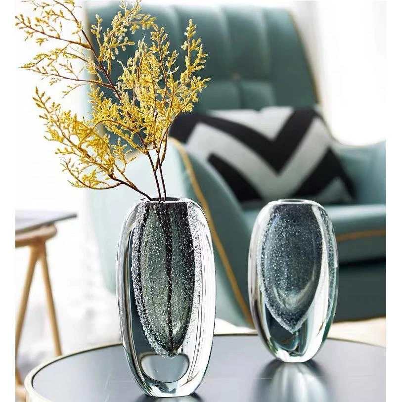 手工吹制高品质厚底灰色气泡玻璃花瓶软装样板房客厅花器