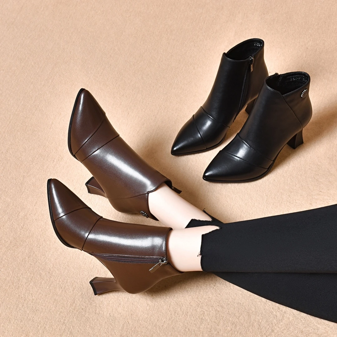 3公分黑色真皮牛皮短靴单靴高跟皮靴软皮中跟裸靴秋加绒短筒裸靴