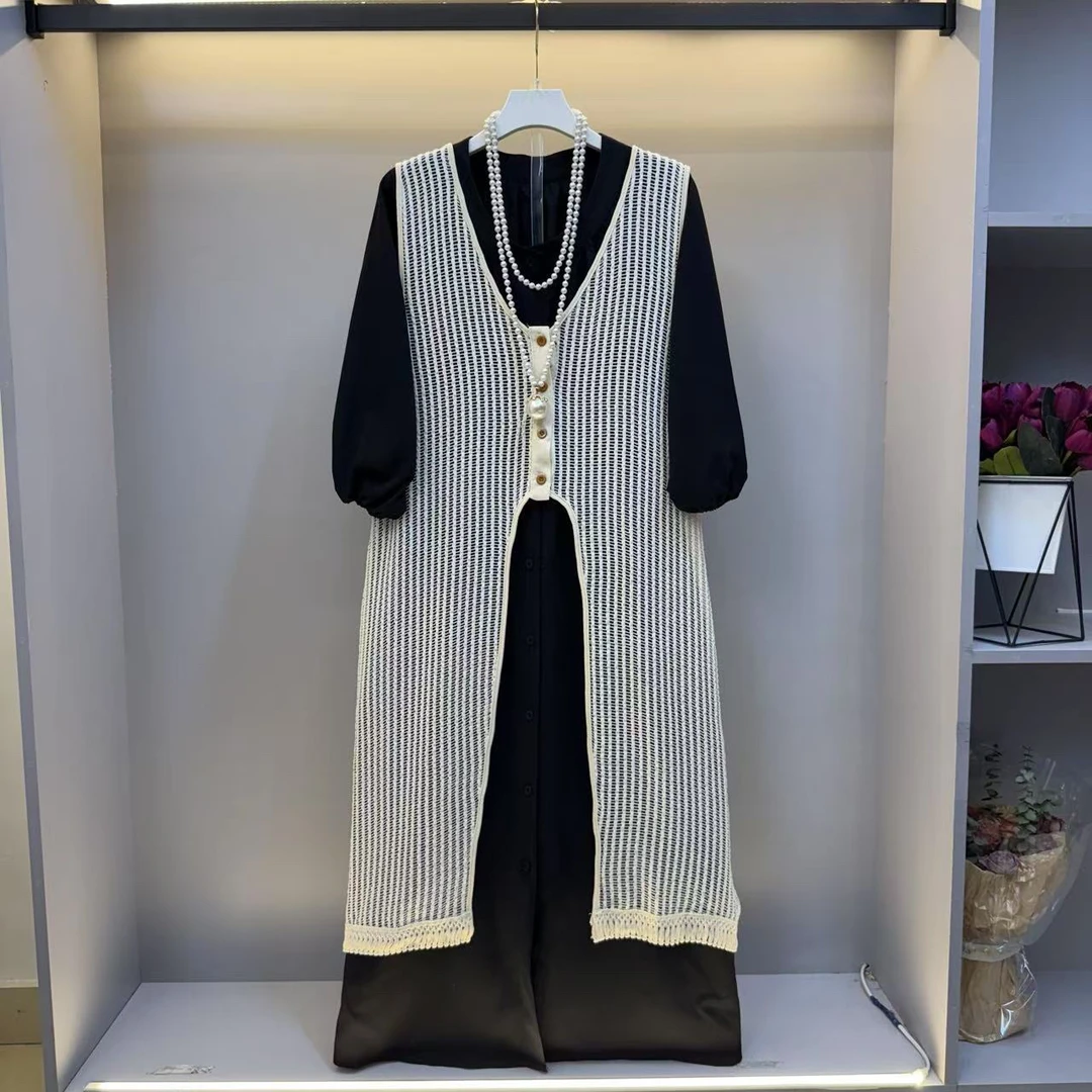 欧货大码连衣裙女2025新款宽松遮肚镂空马甲胖MM甜美气质两件套裙