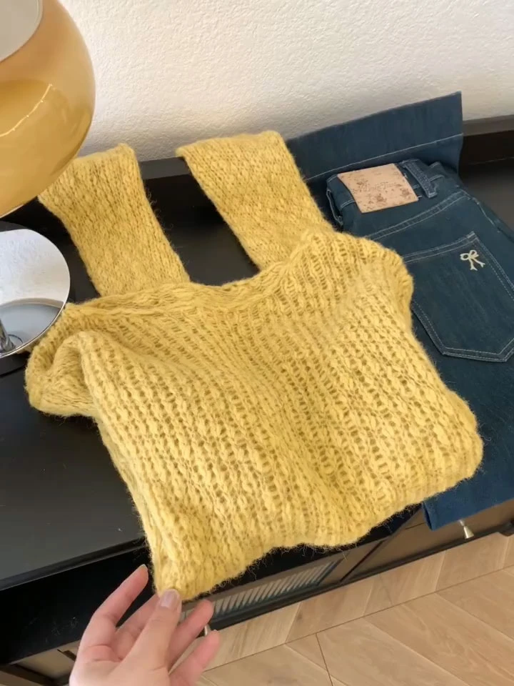 韩版慵懒风镂空针织衫女秋冬欧货时髦氛围感宽松显瘦简约时尚上衣