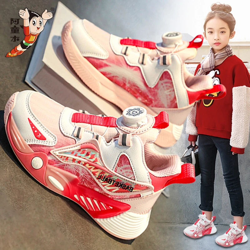 阿童木红色女童鞋子夏季2025新款女孩新年运动篮球鞋儿童皮面防滑