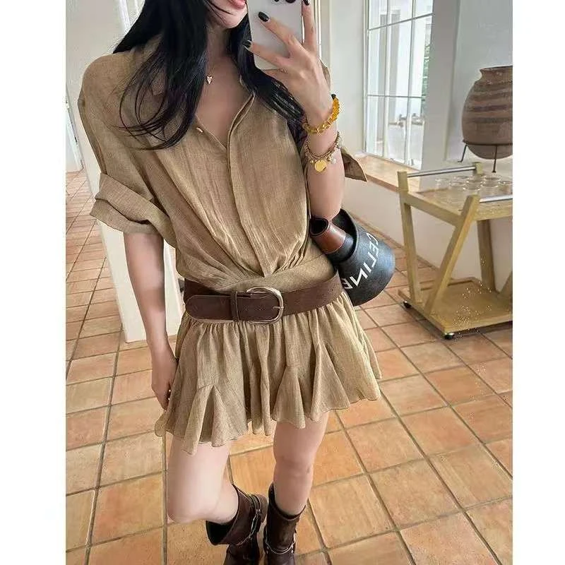 女装衬衫连衣裙夏季新款显瘦假两件拼接短袖衬衫百褶短裙通勤气质