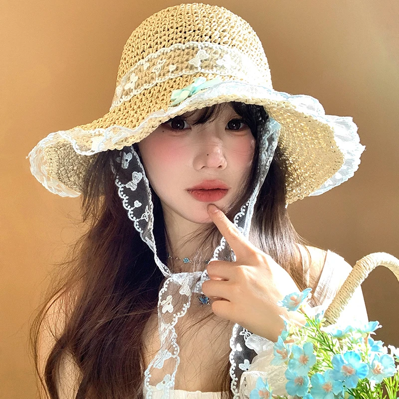 法式蝴蝶结蕾丝飘带草帽女夏季海边度假风沙滩帽遮阳防晒太阳帽子