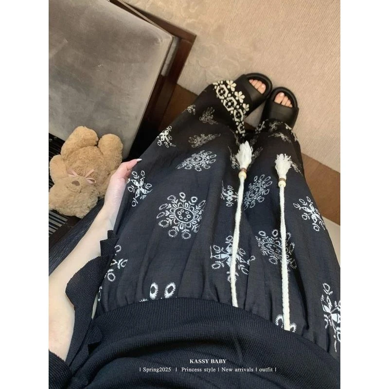 复古流苏抽绳休闲裤阔腿裤女装2025夏季新款高腰宽松喇叭裤拖地裤