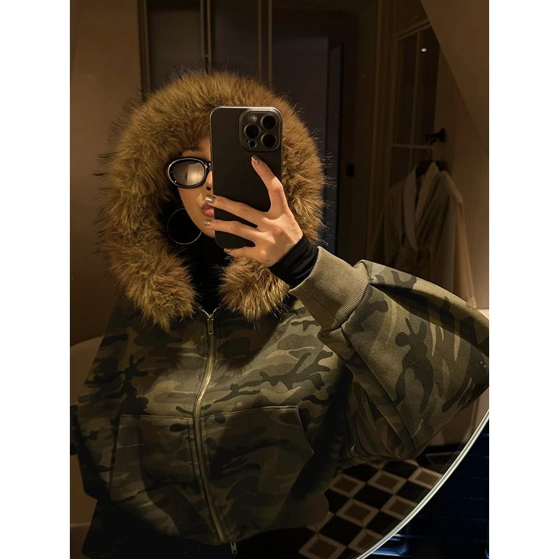 野生zerocircle 加绒加厚带毛领开衫外套女秋冬W39084E53