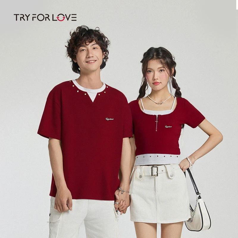 TRYFORLOVE有弹力V领短袖通勤T恤辣妹t恤打底衫小众红色修身