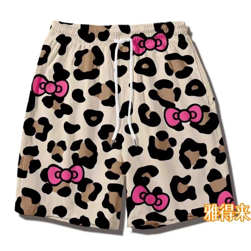 夏季新款豹纹kt猫短裤男薄款透气居家五分睡裤宽松百搭沙滩裤子男
