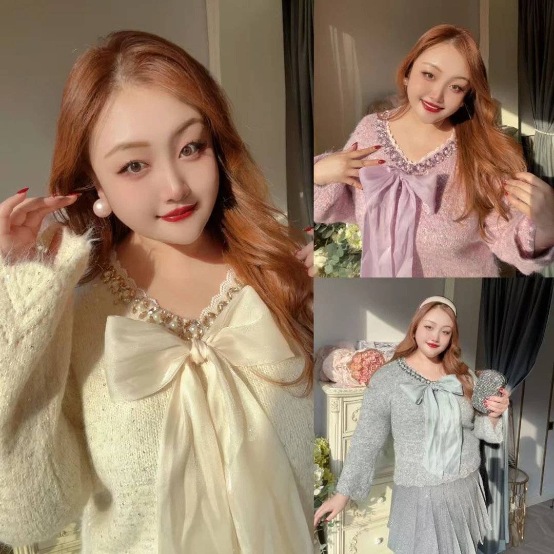 【柔情美神】钻石家轻奢大码蝴蝶结蕾丝钉钻打底毛衫上衣 DMS2447