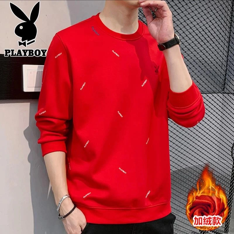 花花公子长袖t恤男士冬季打底加绒款新款潮流红色本命年卫衣男