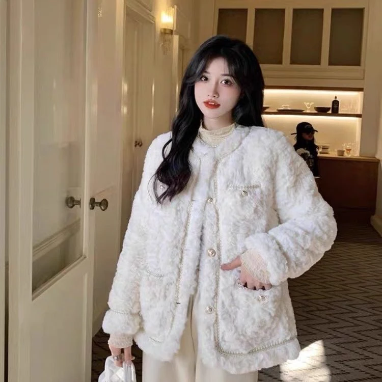 502小香风冬季极简风长袖常规款皮毛一体外套（有浮毛介意勿拍）