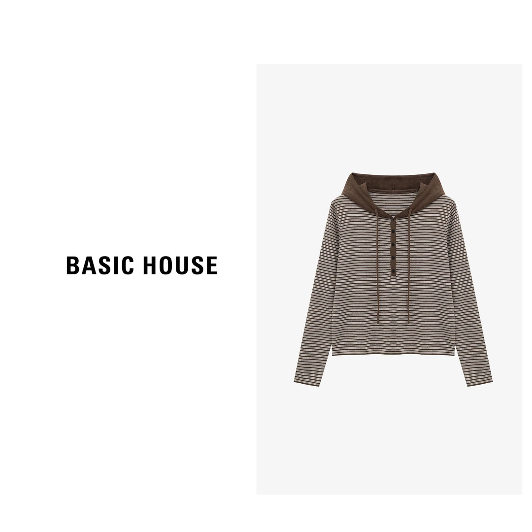Basic House/百家好秋季新款时尚休闲条纹连帽针织衫-B0625B5JDW2