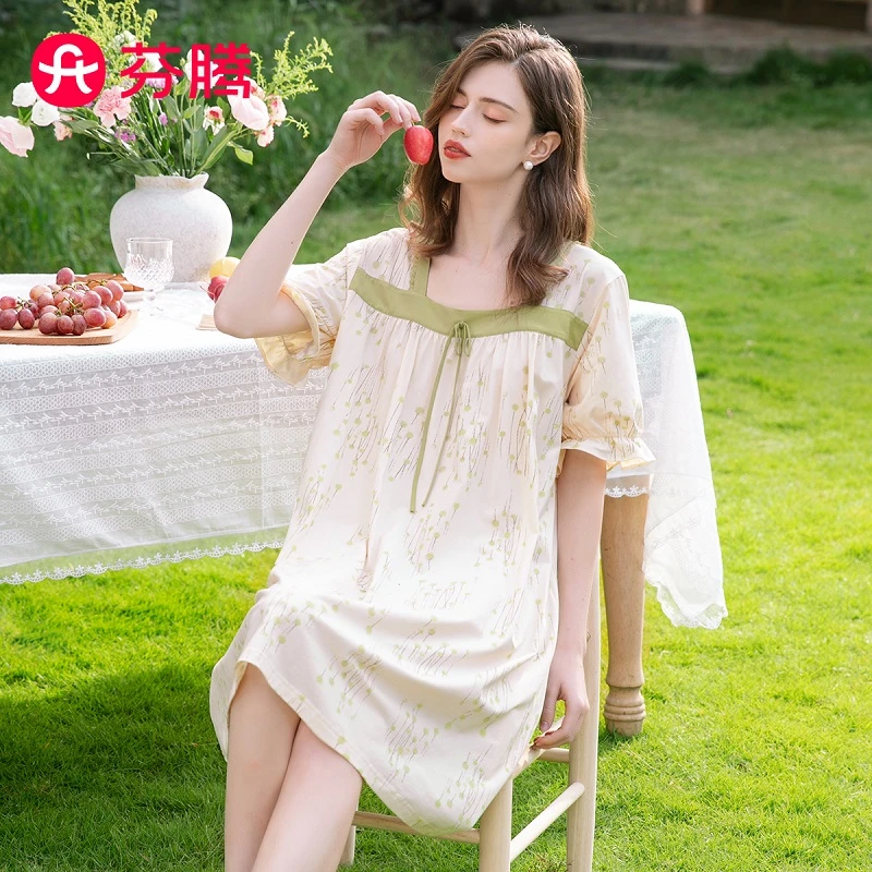 芬腾 【100%纯棉】夏季薄款国风方领短袖睡裙新中式睡衣女士连衣裙