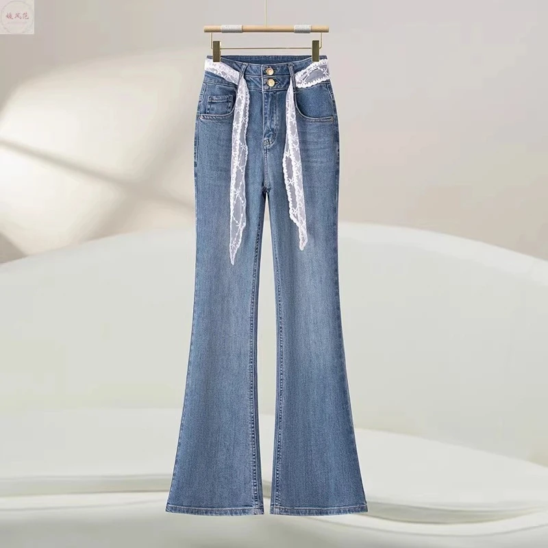 小众设计感蕾丝系带微喇牛仔裤女2025春夏新款高腰休闲喇叭裤
