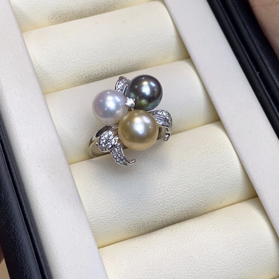 银S925镀金镶嵌戒圈海水珍珠特价