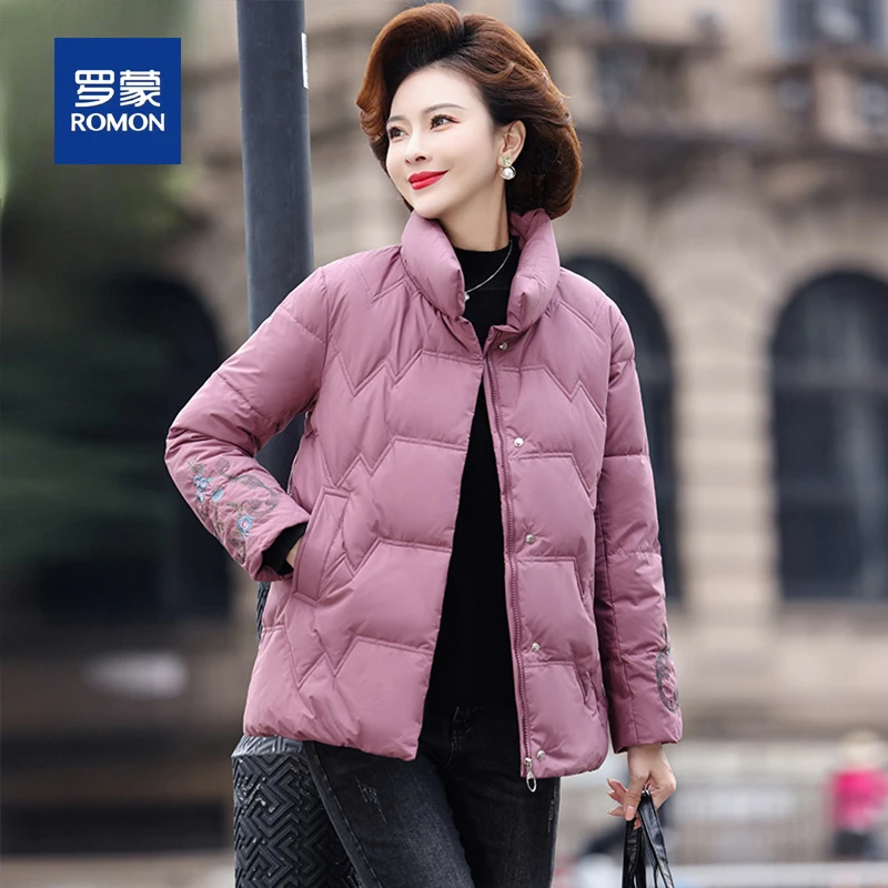 罗蒙中老年羽绒服女短款绣花2025年新款洋气妈妈冬装轻薄外套女