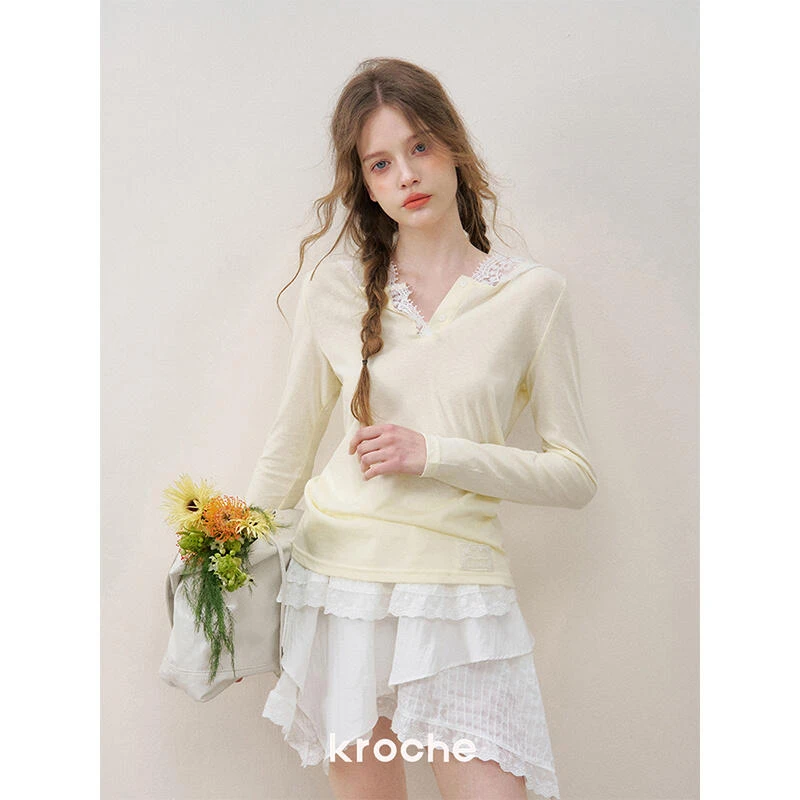 Kroche 25ss 柠檬气泡水 蕾丝拼接连帽长袖罩衫空调衫