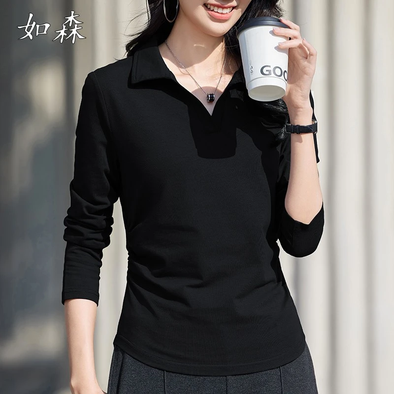 POLO领长袖T恤女士2025春季新款抽褶显瘦翻领上衣内搭黑色打底衫