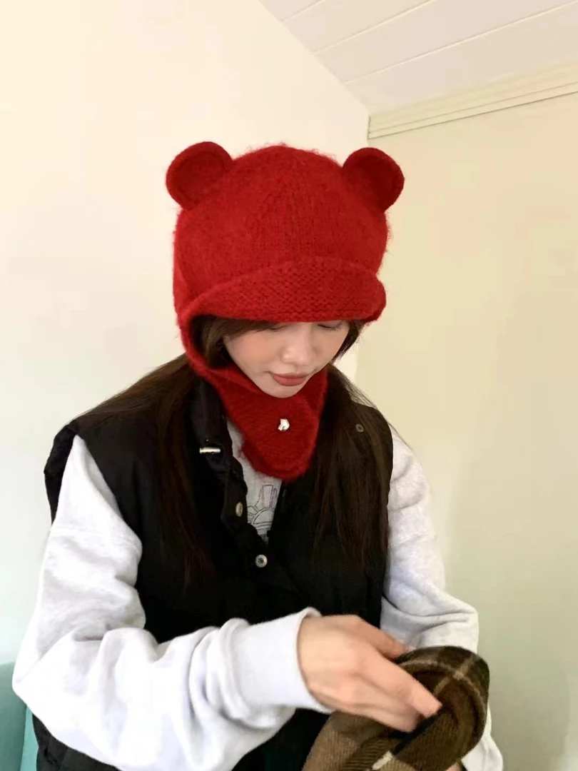 可爱小熊耳朵毛线帽秋冬新款保暖针织帽防寒护耳雷锋帽