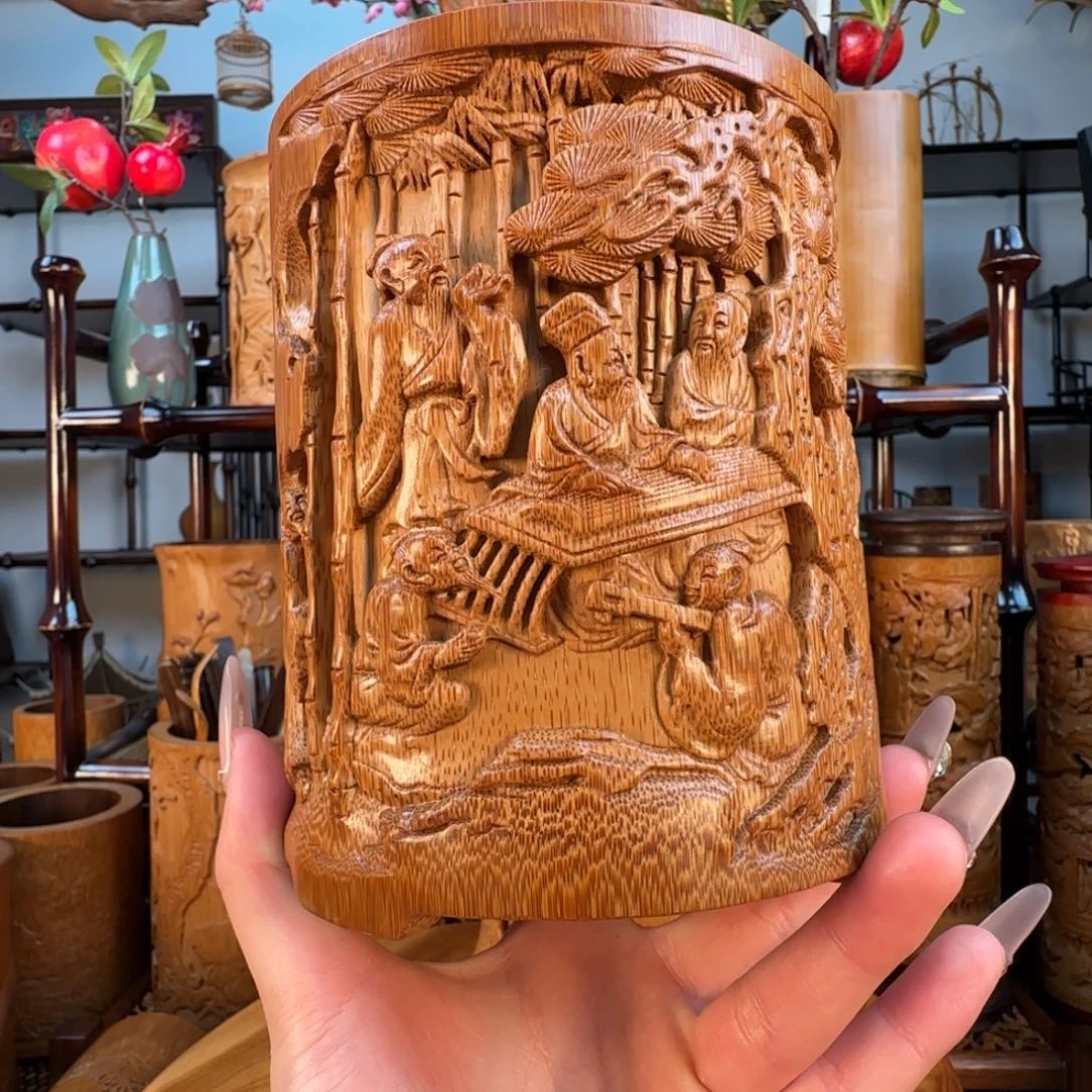 香榧木竹林七贤中号笔筒