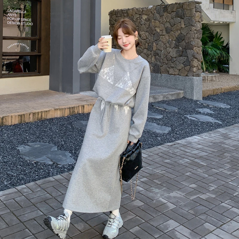 针织卫衣套装裙女2025春秋新款蕾丝拼接氛围感松弛感慵懒风两件套