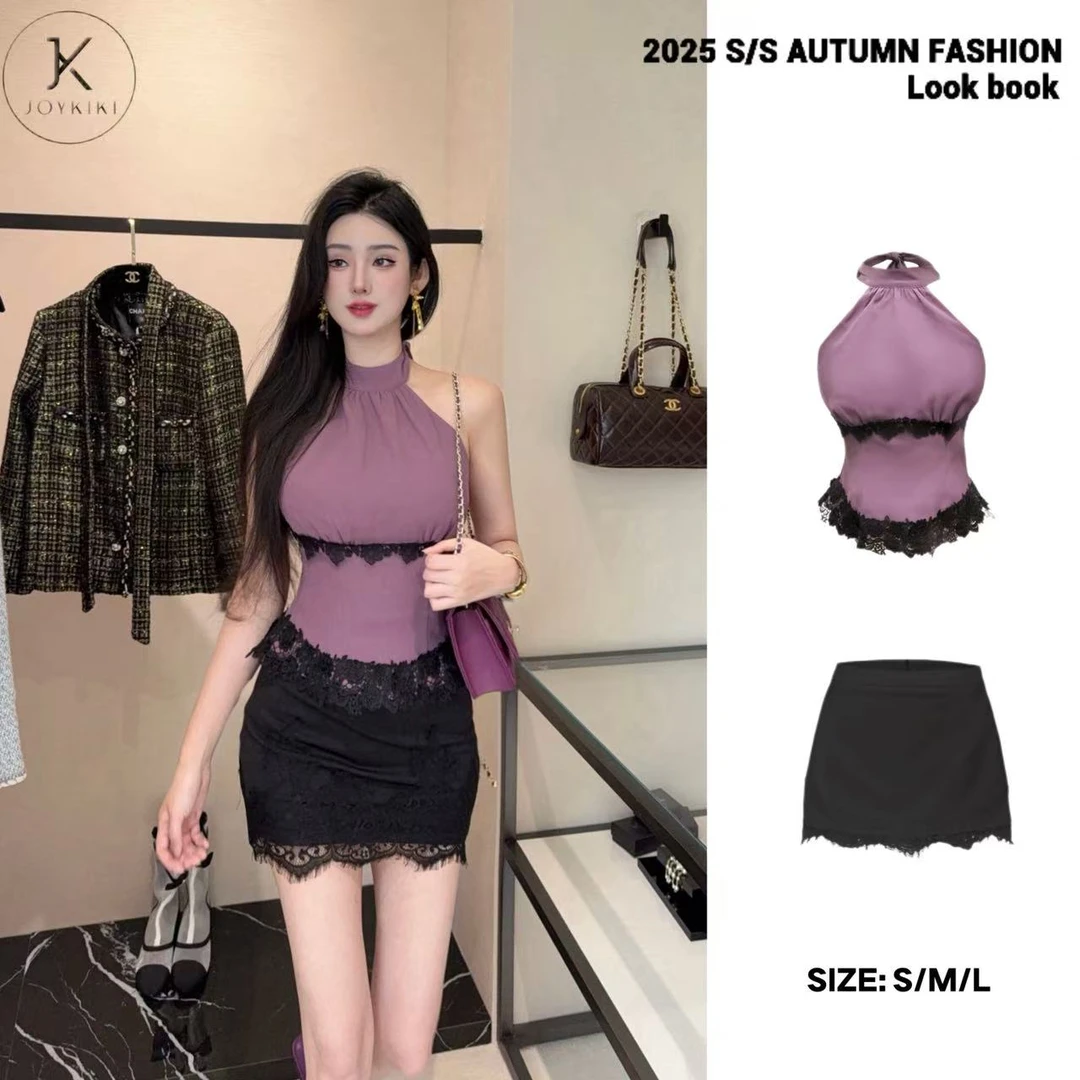 JOYKIKI金金【浅香知茉】秋季气质拼接花边设计挂脖上衣J25C275