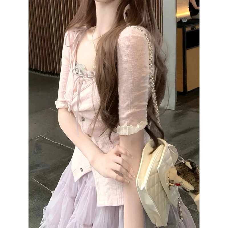 芭蕾粉少女感短袖上衣开衫灰色系带吊带内搭蓬蓬网纱短裙套装夏季