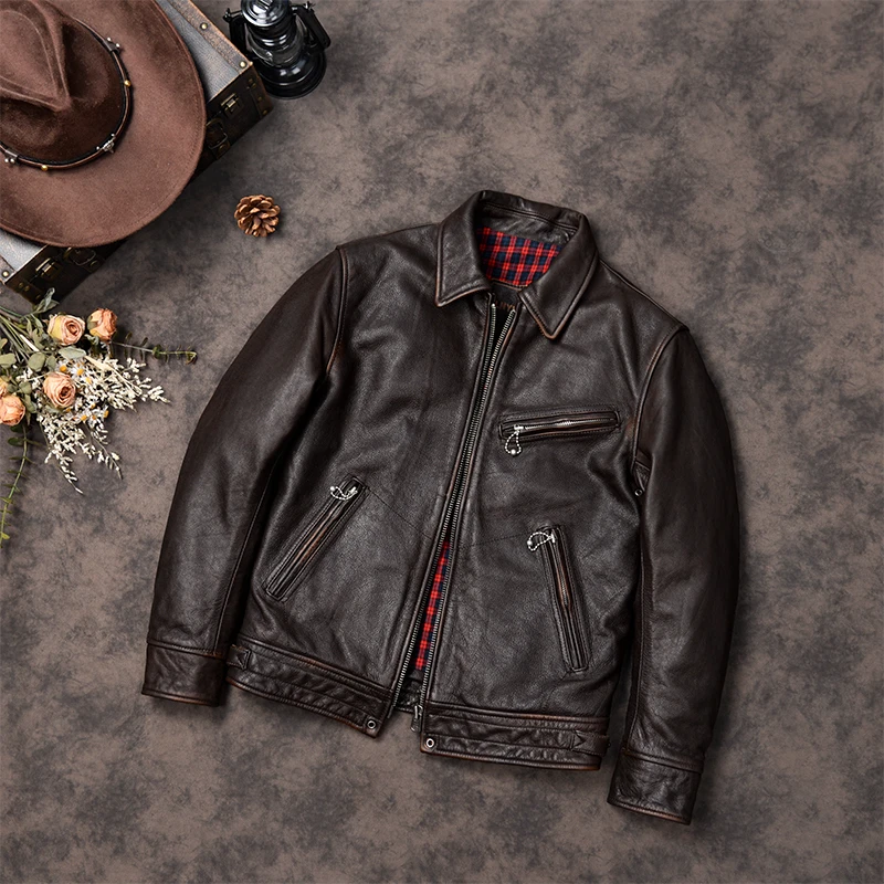 经典穆赫兰道纯皮皮衣擦色做旧头层软牛皮夹克男士短款真皮外套