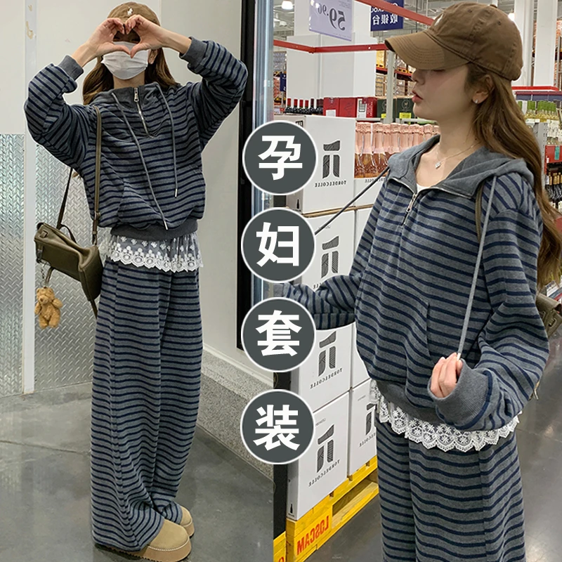 2025孕妇条纹卫衣套装秋季新款休闲慵懒风宽松蕾丝拼接阔腿裤两件