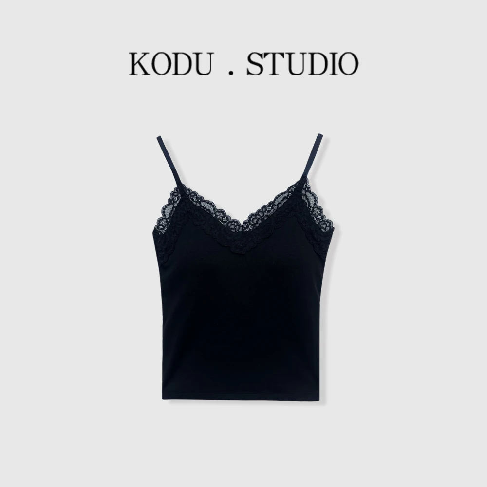 【刻度KODU】AM-5425夏季新品法式气质百搭V领蕾丝边胸垫吊带背心