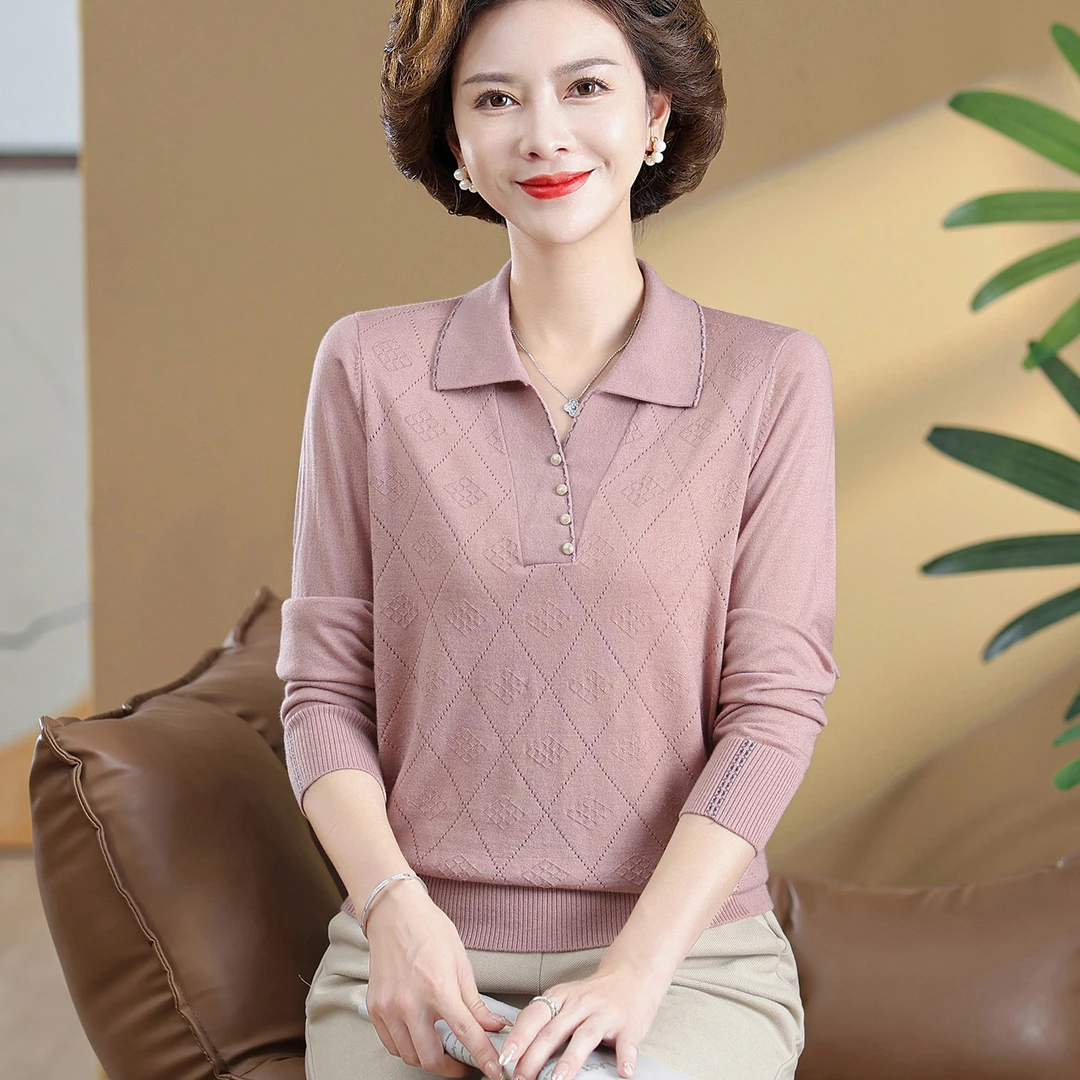 妈妈春季新款翻领洋气针织打底衫宽松大码中老年女装时尚气质上衣