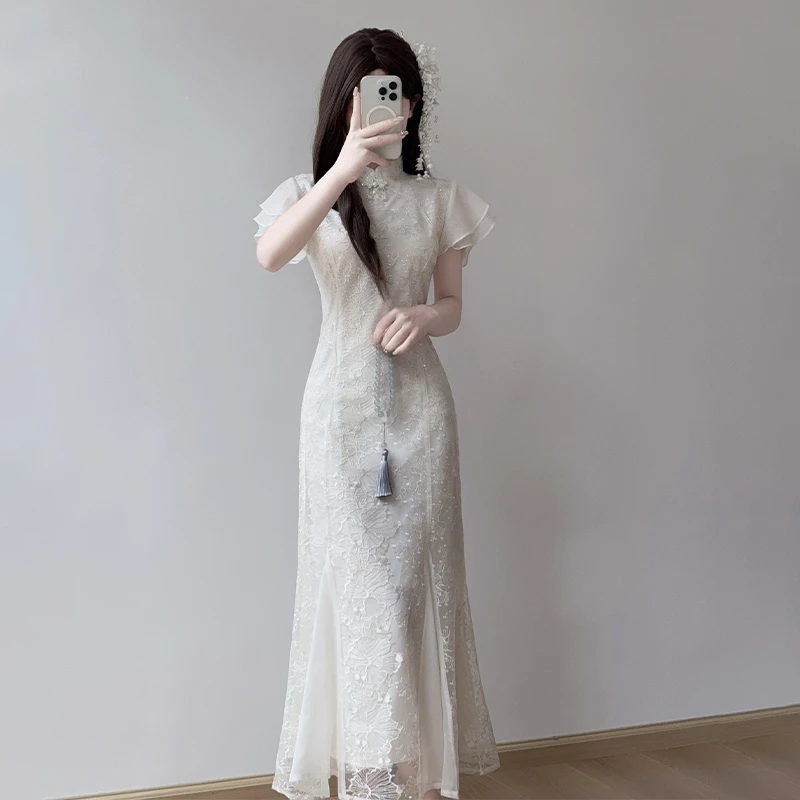 【9744】伴娘装新中式改良刺绣旗袍鱼尾领证订婚白色连衣裙宴会礼服