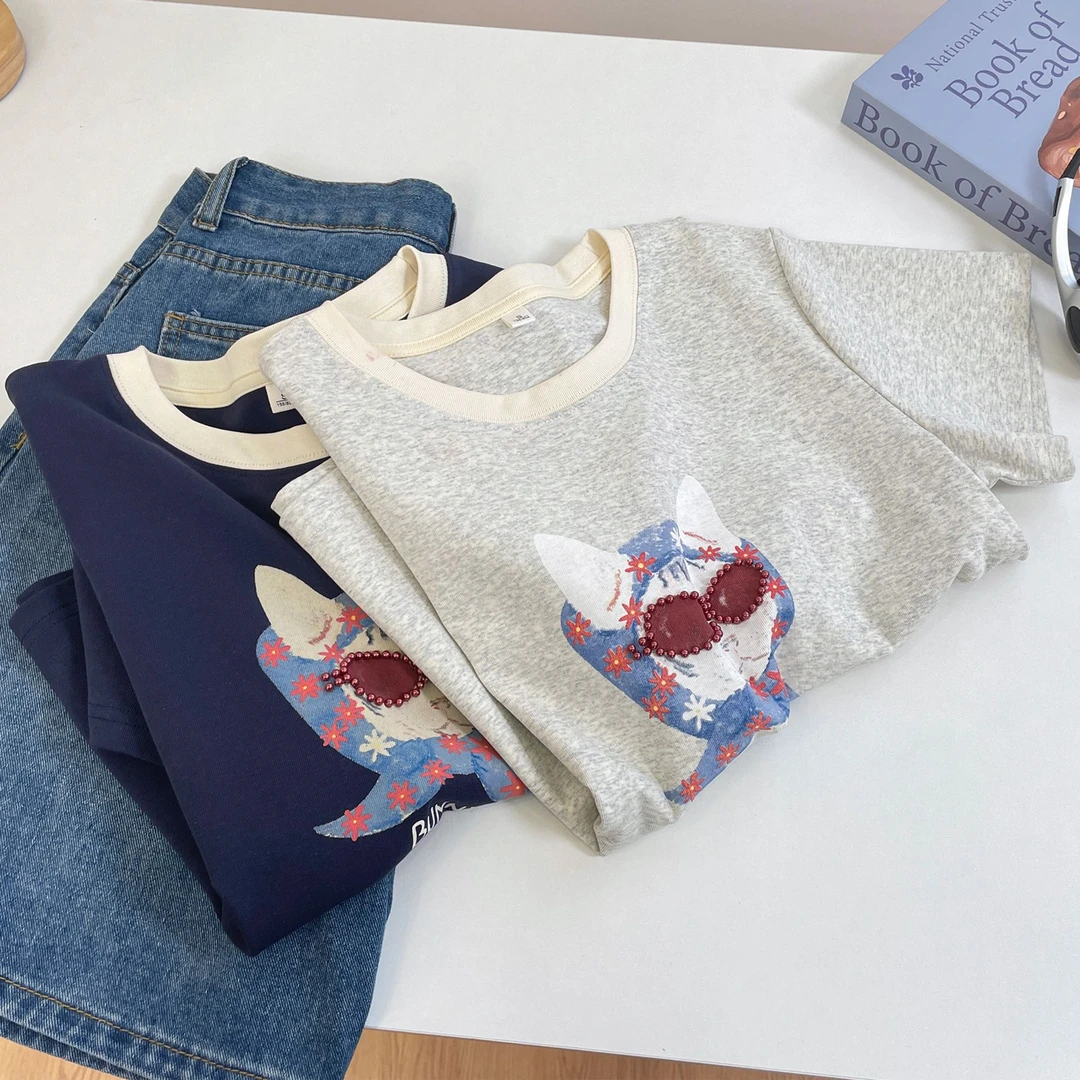 甜酷眼镜钉珠猫咪短袖T恤衫韩系小众显瘦圆领上衣服宽松休闲女装